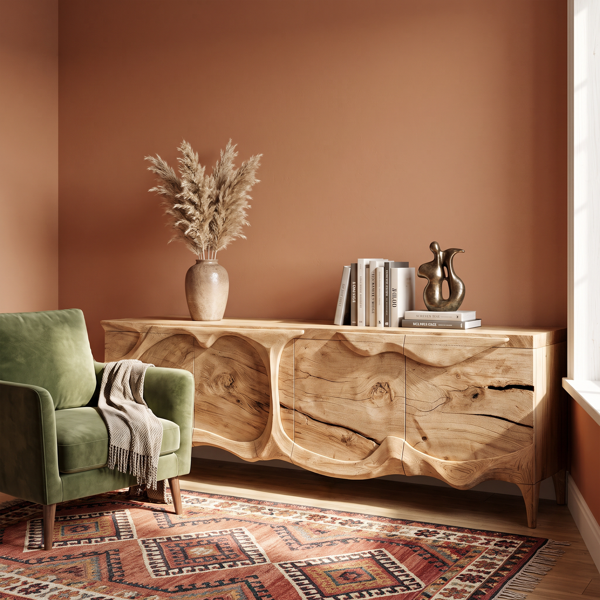 Rustic Sideboard With Sculptural Front Design For Living Room