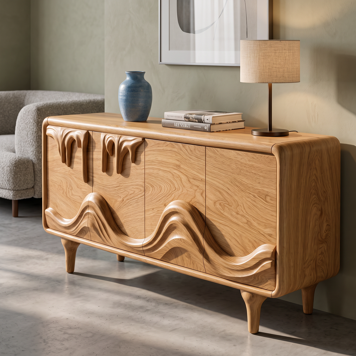 Mid Century Sideboard With Intricately Carved Front Design For Living Room