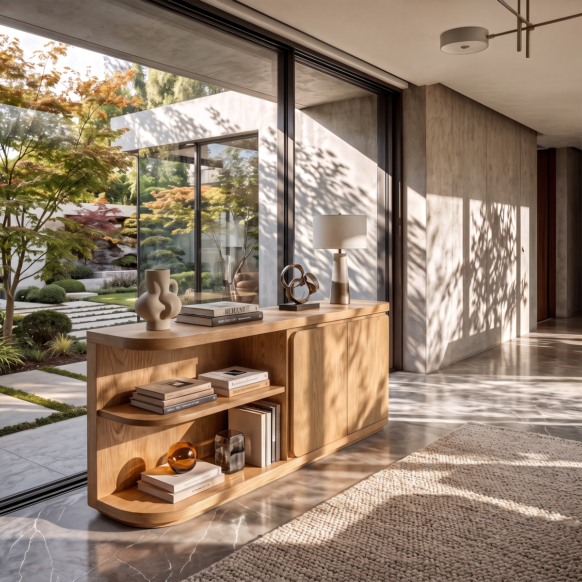 Modern Sideboard With Rounded Frame And Open Storage For Living Room