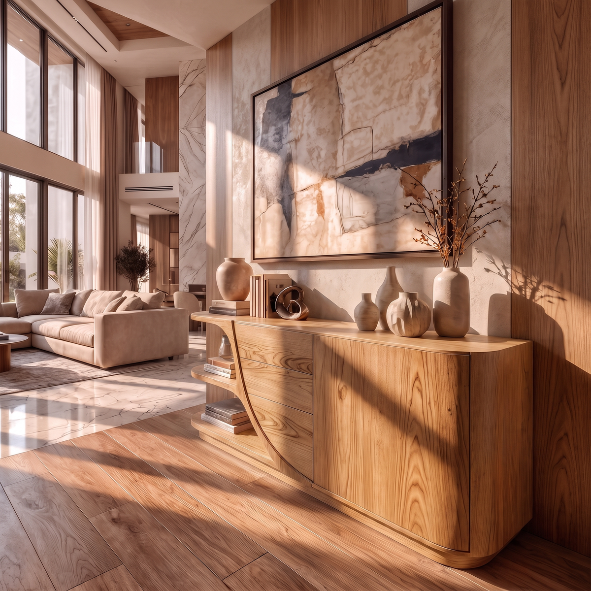 Modern Sideboard With Rounded Frame And Panel Doors For Living Room