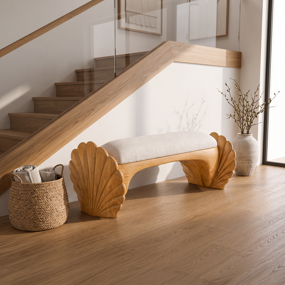 Natural Accent Bench With Seashell Carved Design For Bedroom