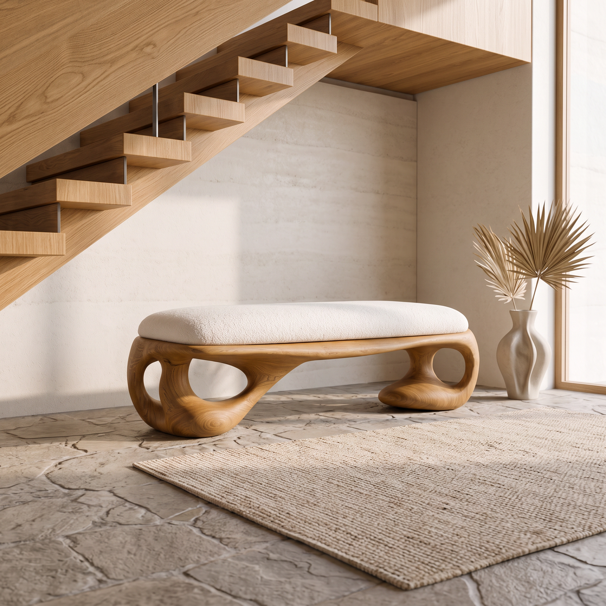 Modern Halloween Upholstered Bench With Sculptural Curved Frame For Bedroom And Entryway