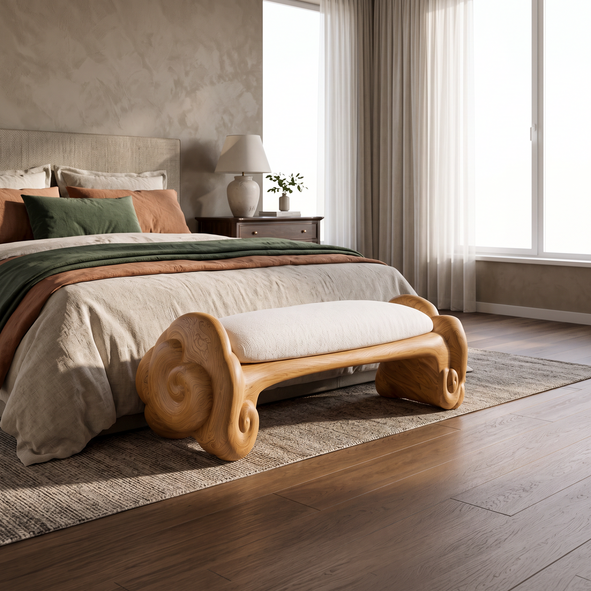Minimalist Accent Bench With Rounded Cloud Shaped Legs For Bathroom