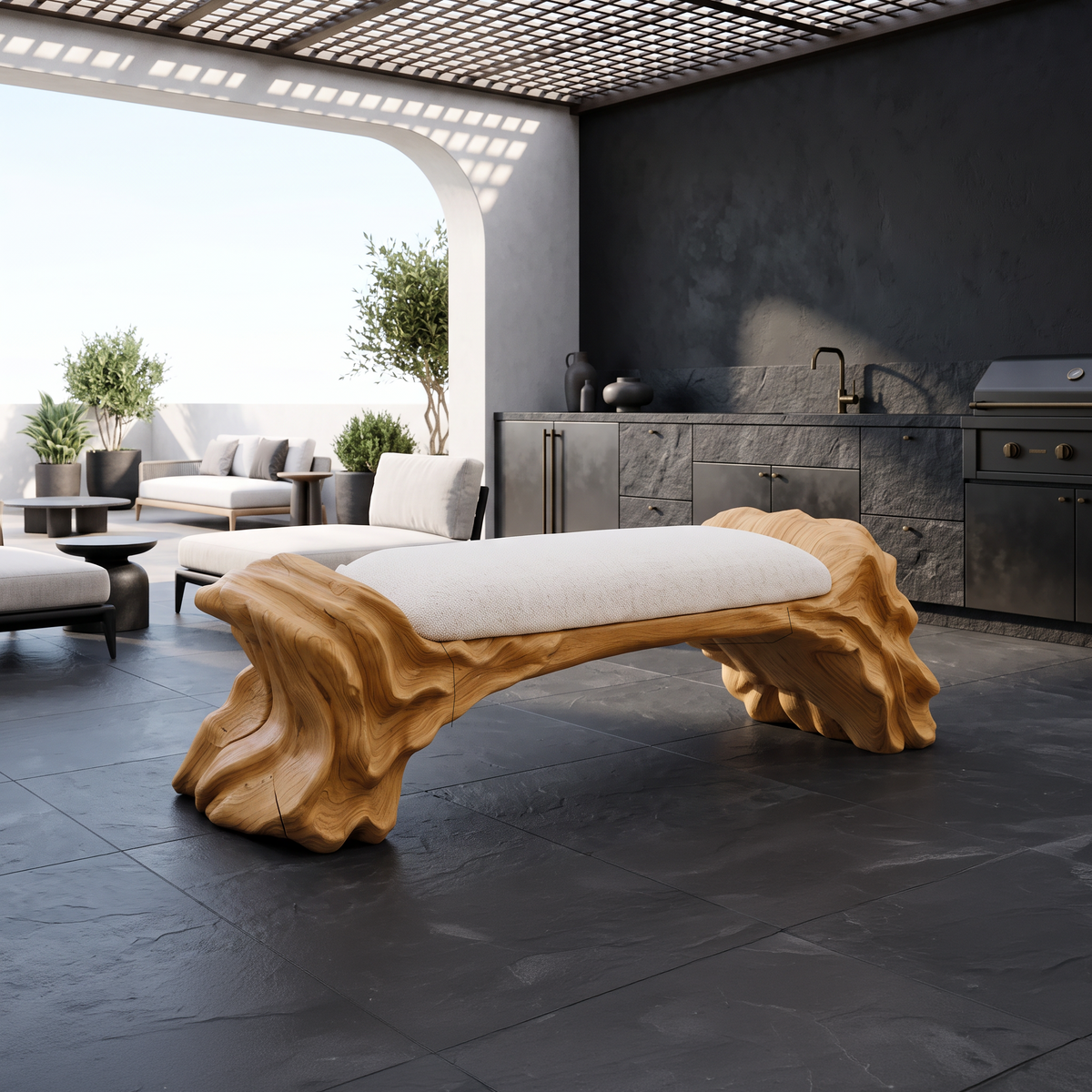 Contemporary Halloween Wood Bench With Oyster Inspired Base For Reading Nook