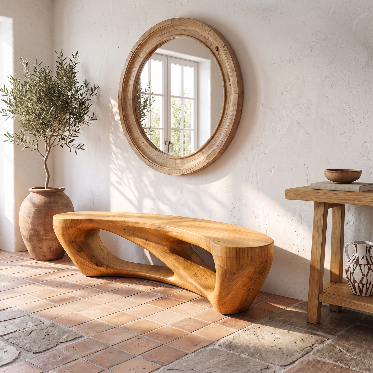 Mid Century Accent Bench With Rounded Arch Base For Bathroom