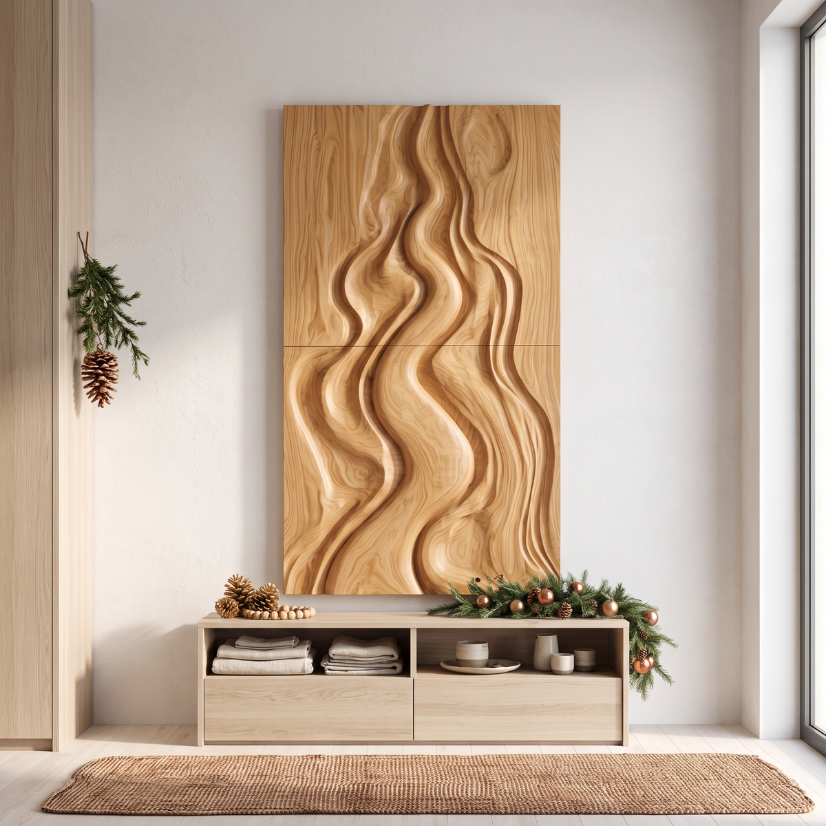 Natural Christmas Abstract Wall Decor With Fluid Carved Design For Bedroom