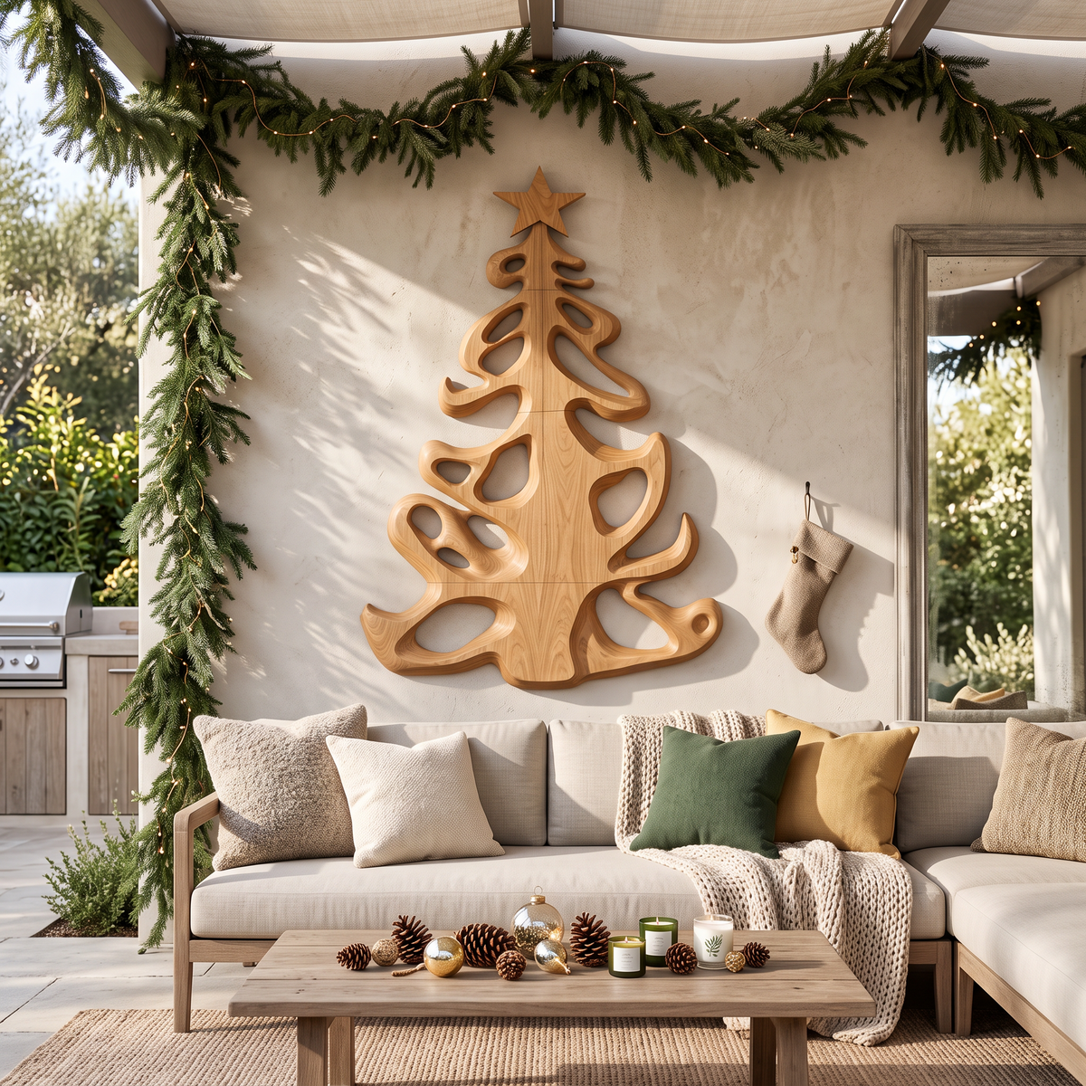 Organic Xmas Wooden Holiday Decor With Fluid Tree Silhouette For Entryway