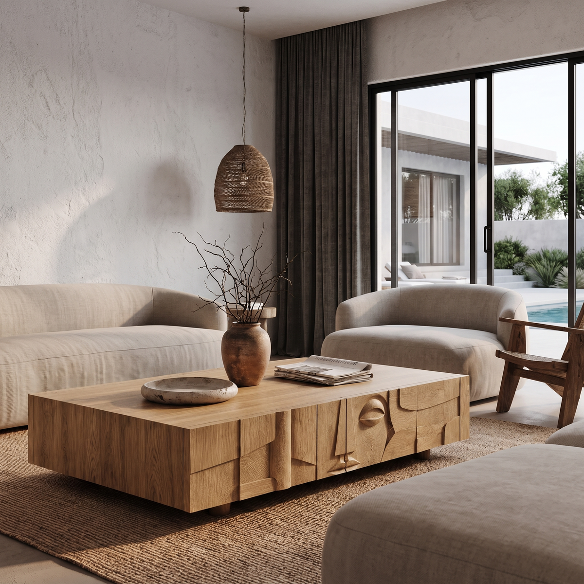 Modern Statement Coffee Table With Textured Relief Drawers For Living Room