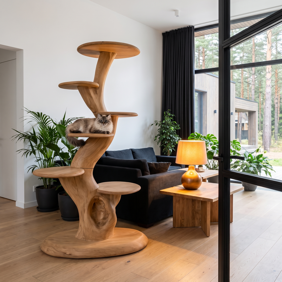 Rustic Sculptural Cat Tree With Multi Level Platforms For Living Room