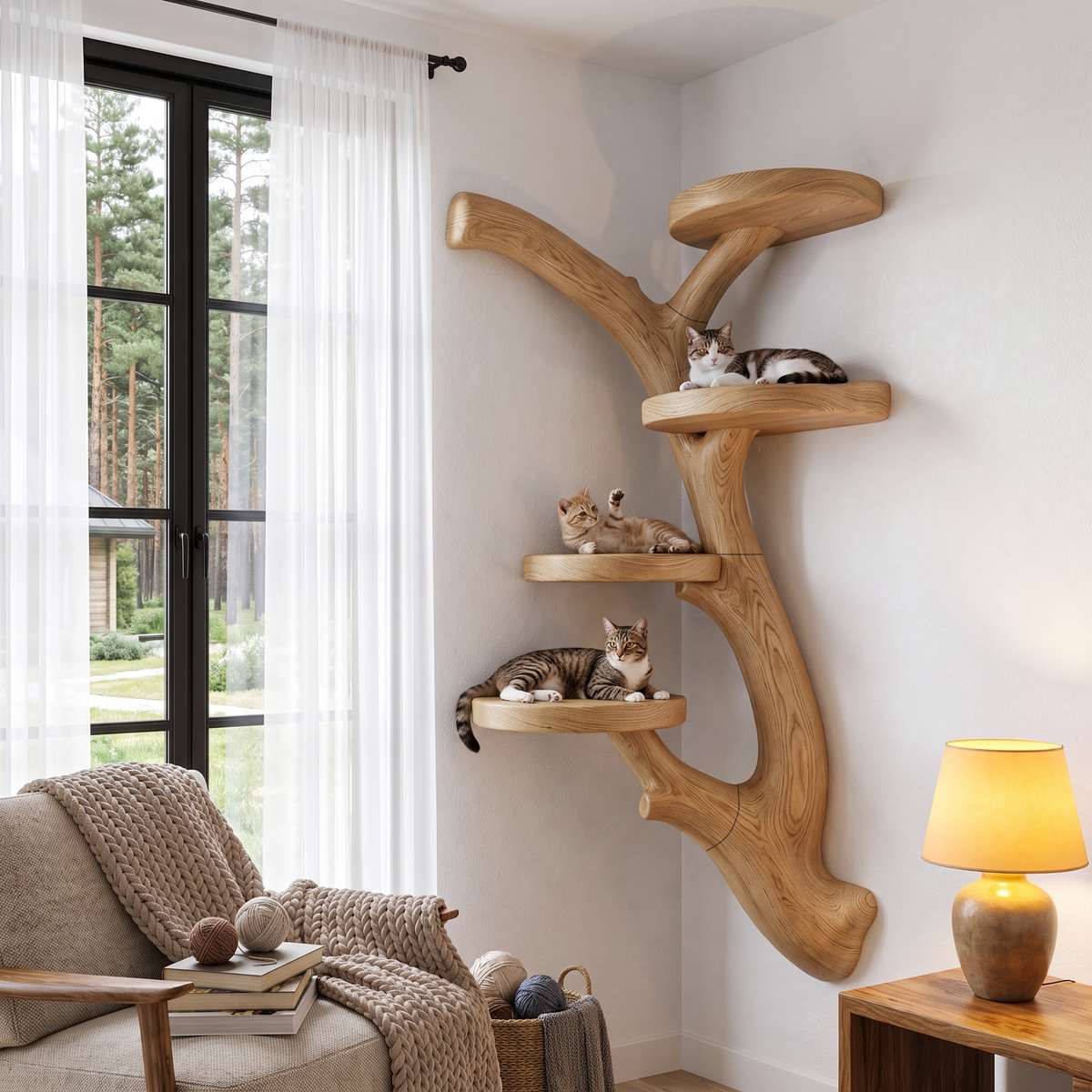 Modern Wall Mounted Cat Tree With Branch Inspired Platforms For Indoor Cats