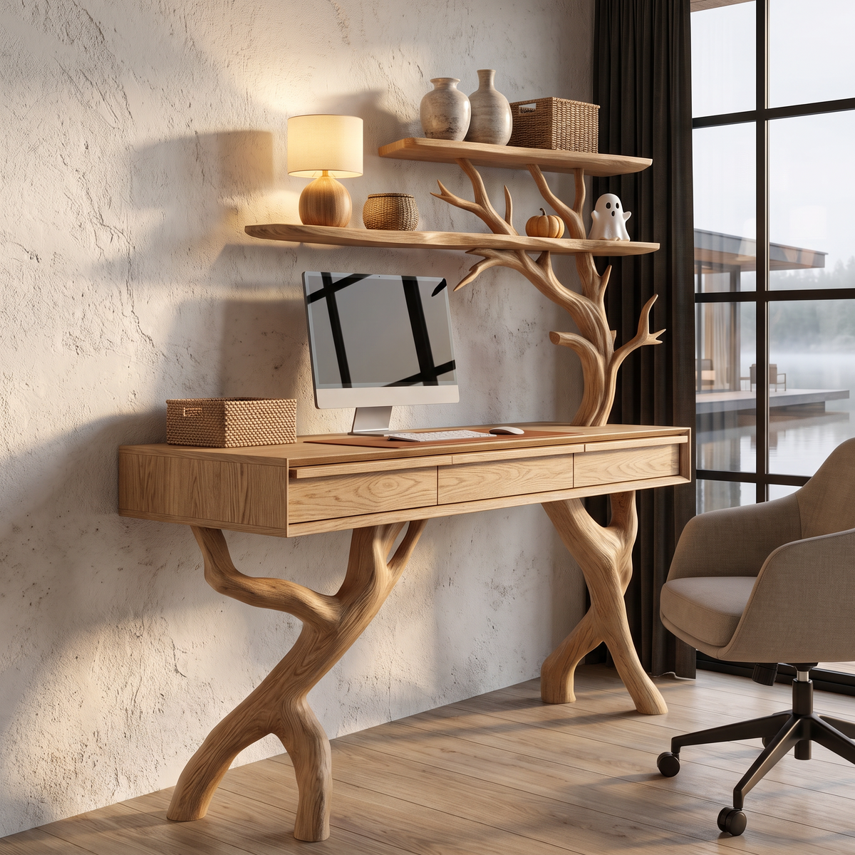 Rustic Tree Branch Desk With Halloween Spider Web Shelves For Home Office