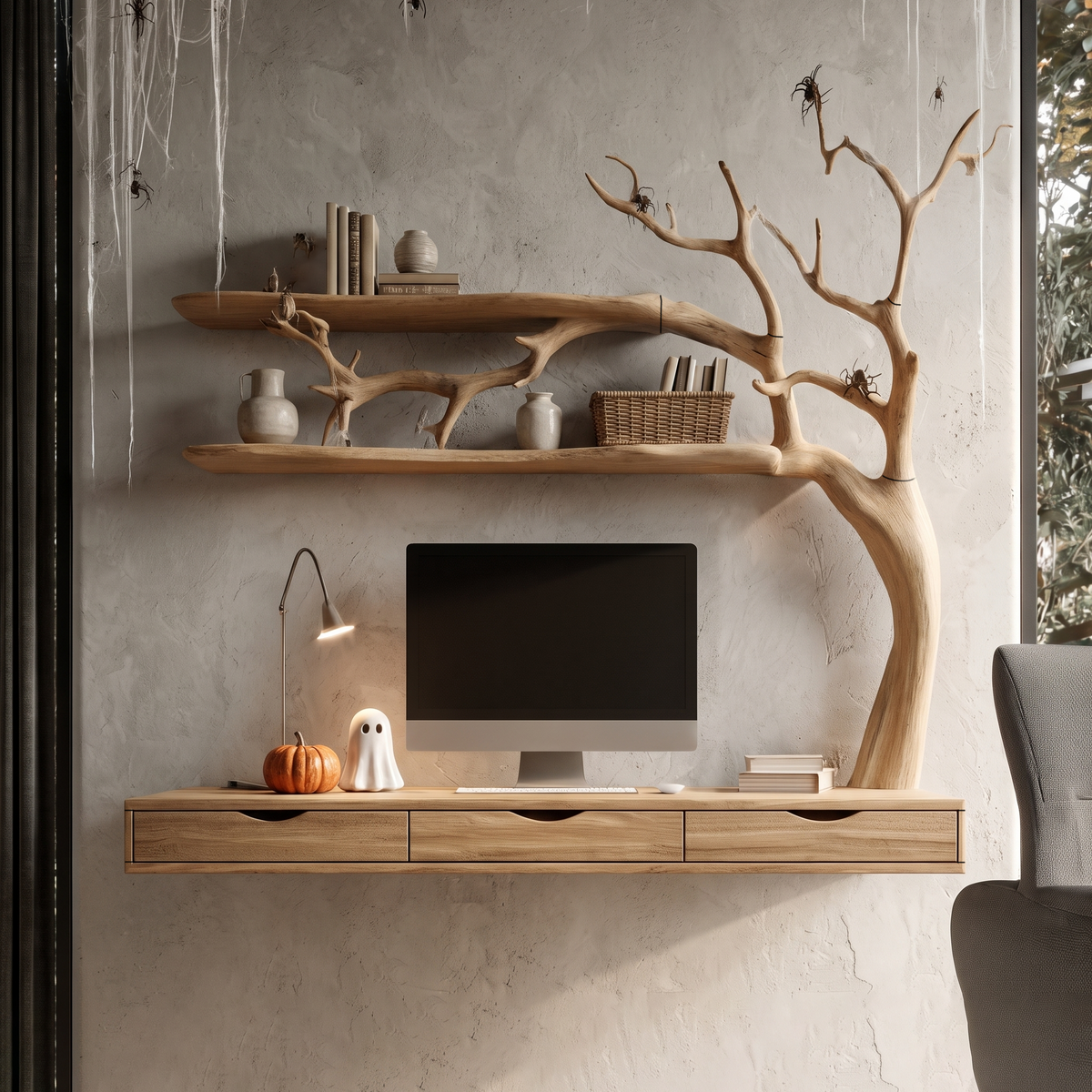 Natural Halloween Desk With Drawers And Spooky Branch Design For Home Office