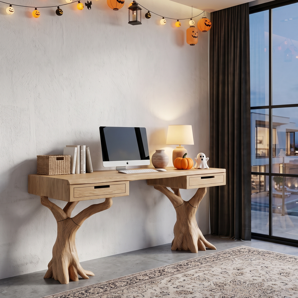 Contemporary Halloween Storage Desk With Pumpkin Display Shelves For Home Office