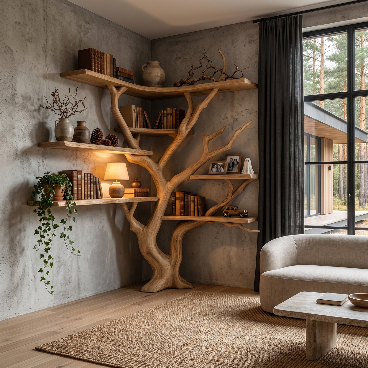 Modern Corner Tree Bookshelf With Asymmetrical Shelves For Living Room