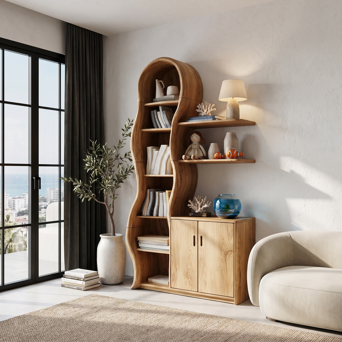Contemporary Wooden Display Cabinet With Sculptural Branch Frame For Living Room