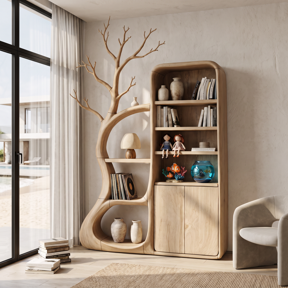 Rustic Tree Cabinet With Branch Inspired Shelving For Reading Room