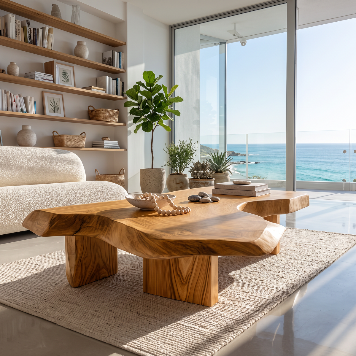 Modern Solid Wood Coffee Table With Sculptural Slab Top For Living Room