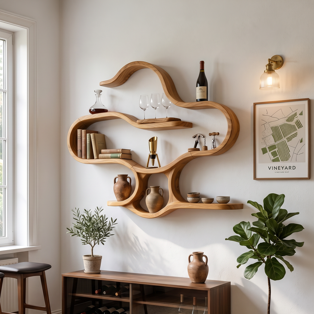 Boho Wooden Wall Mounted Display Shelves For Living Room