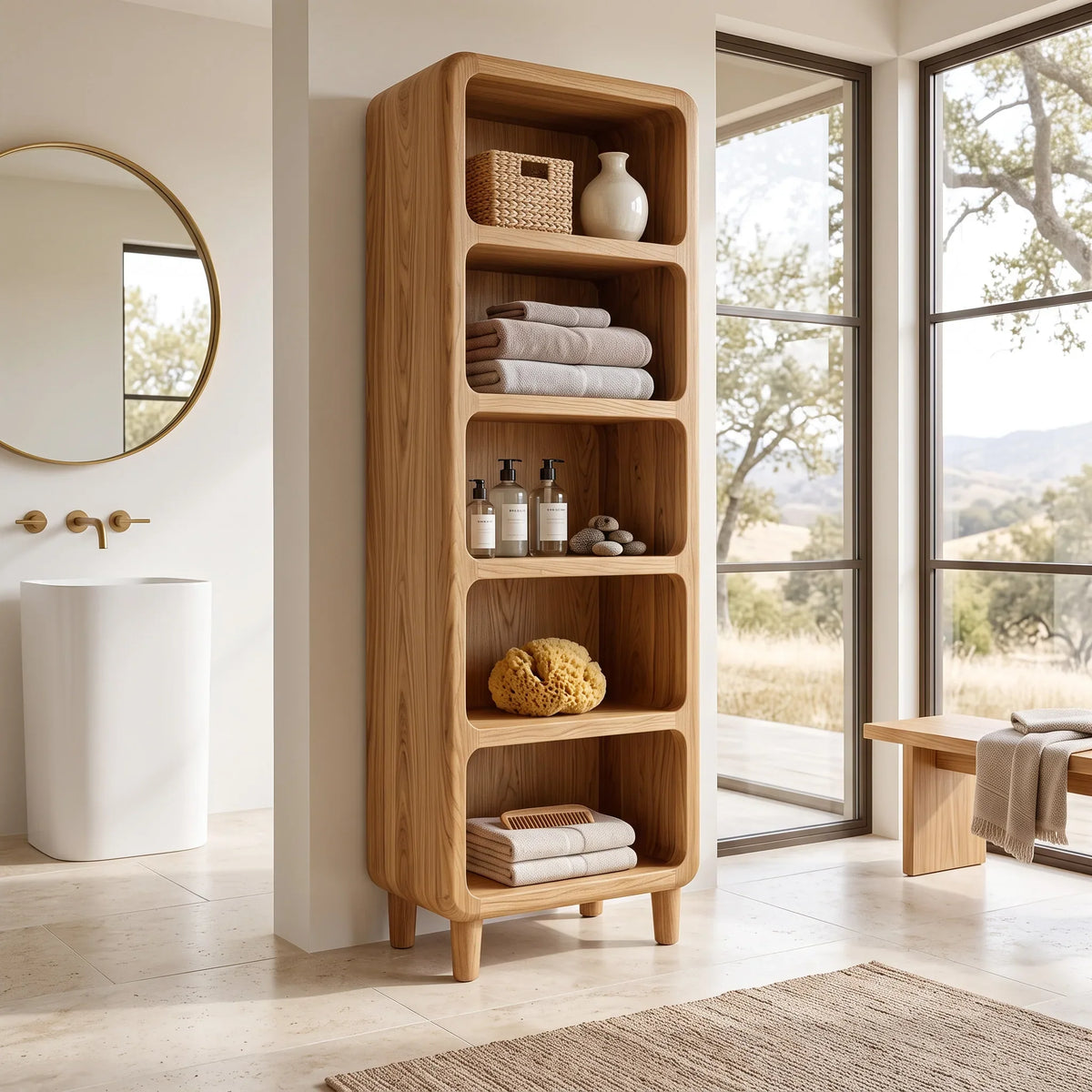 Modern Tall Bathroom Cabinet With Open Towel Shelves For Bathroom