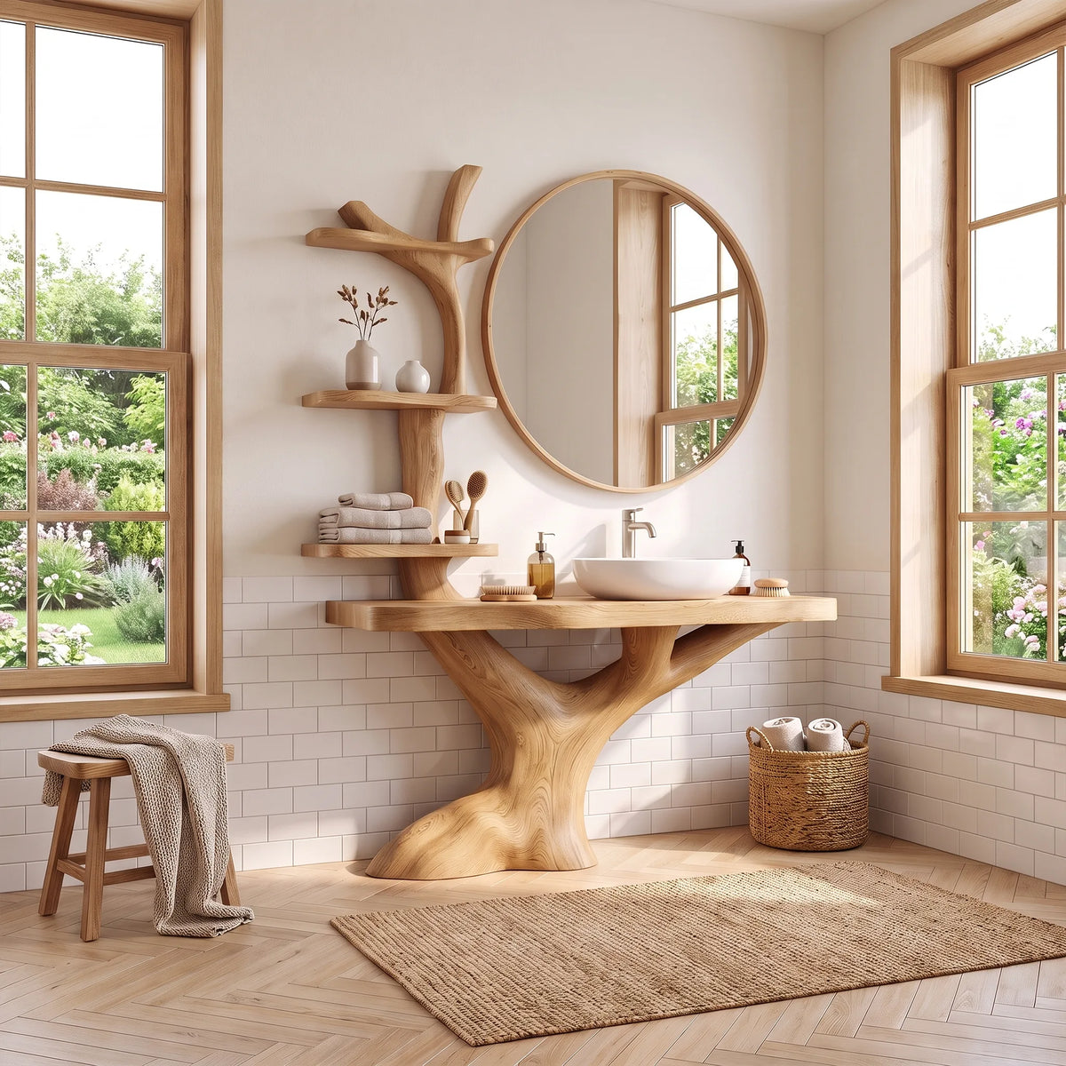 Natural Bathroom Vanity With Sink Wooden Bathroom Vanity Modern Bathroom Vanity Integrated Vertical Shelves For Primary 