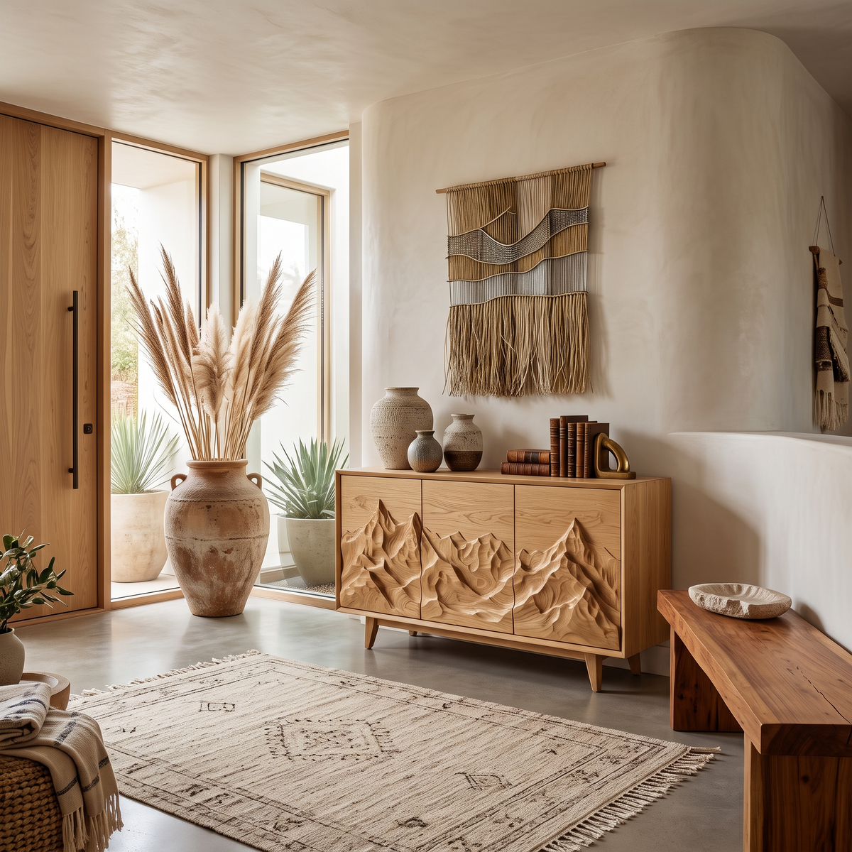 Modern Wood Sideboard With Mountain Relief For Home Interior