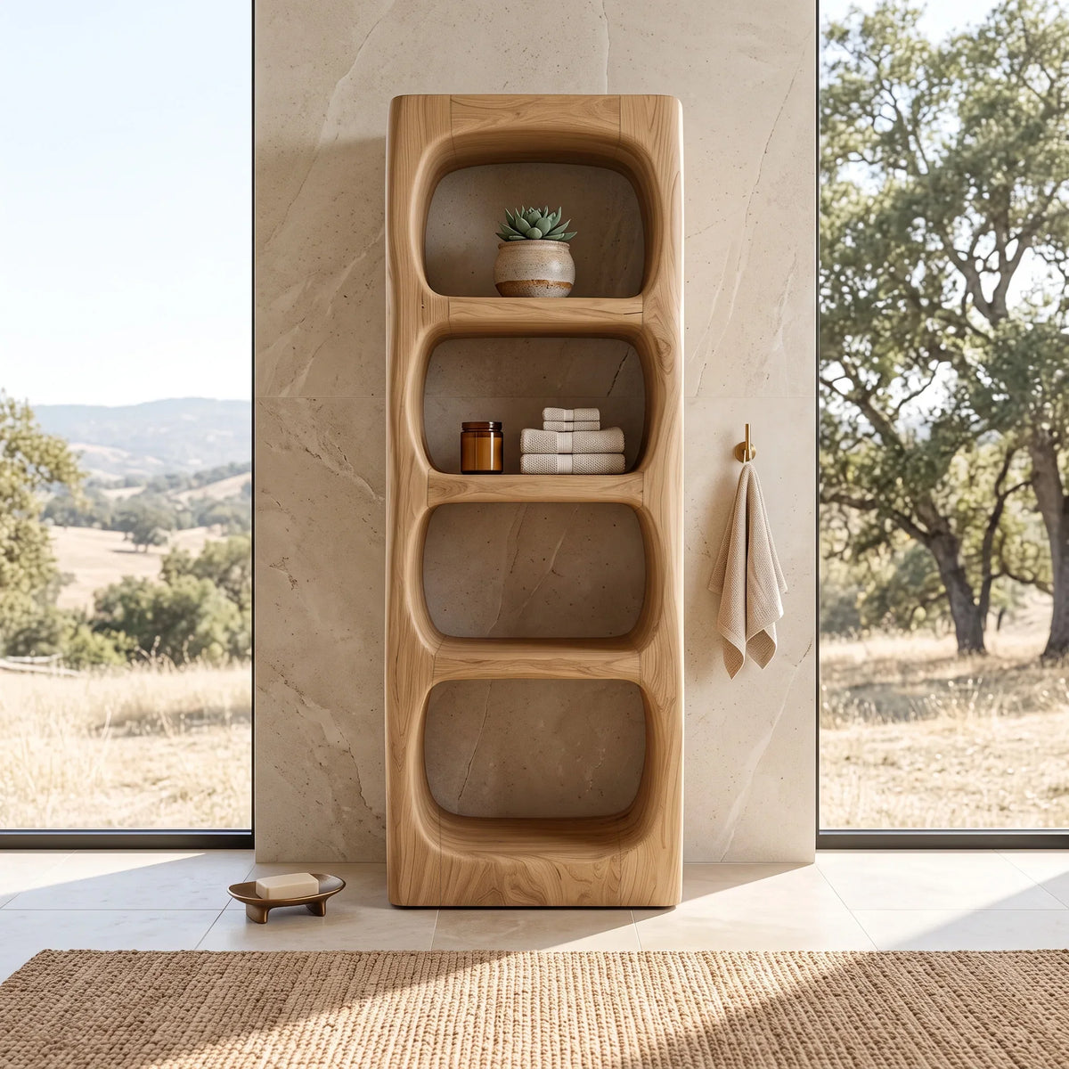 Organic Bathroom Cabinet With Rounded Open Storage Shelves For Bathroom