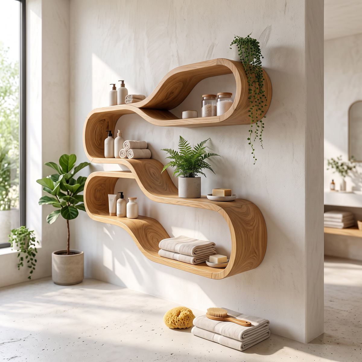 Japandi Wooden Wall Mounted Shelves For Bathroom