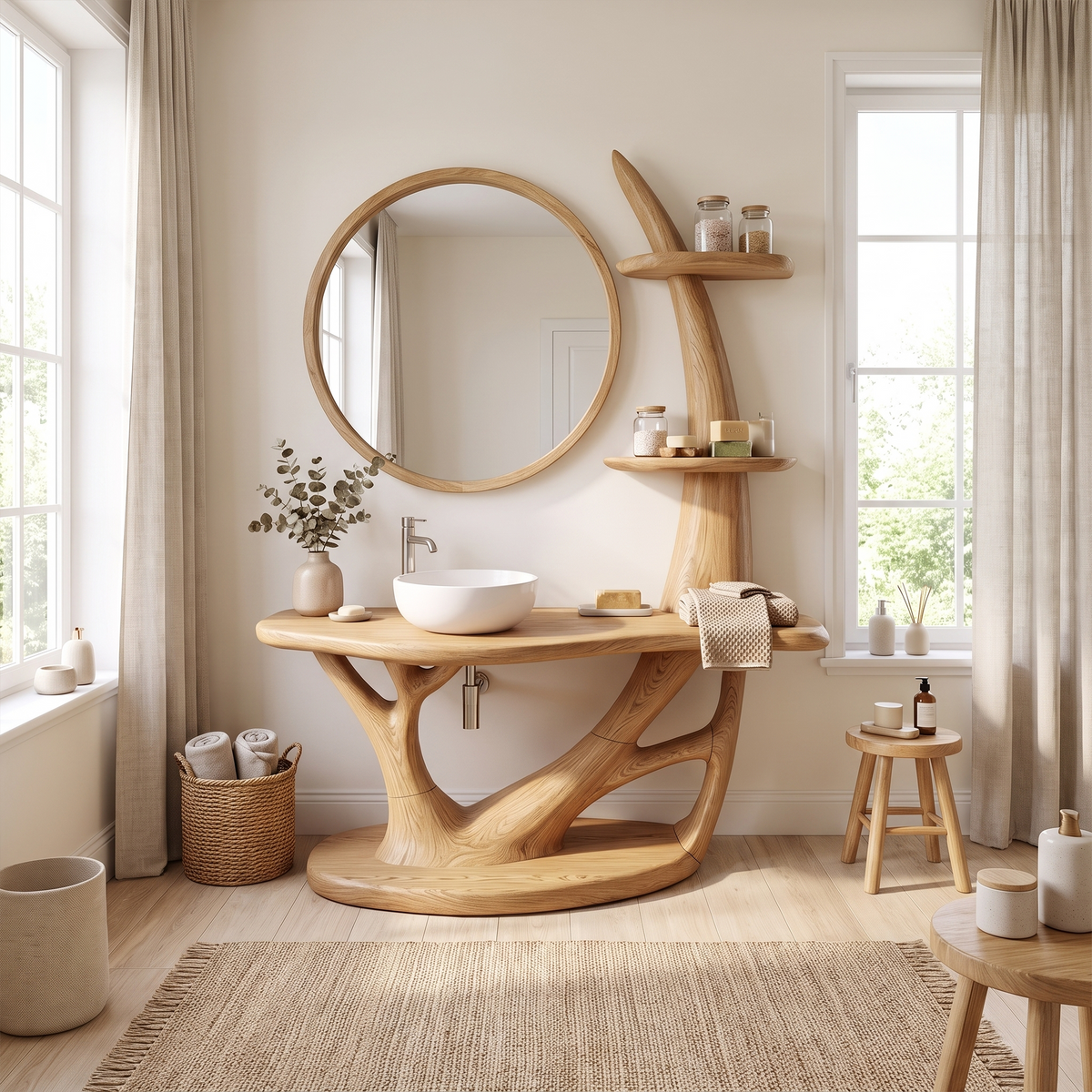 Sculptural Freestanding Bathroom Vanity Bathroom Vanity With Sink Modern Bathroom Vanity Integrated Side Shelves For Spa