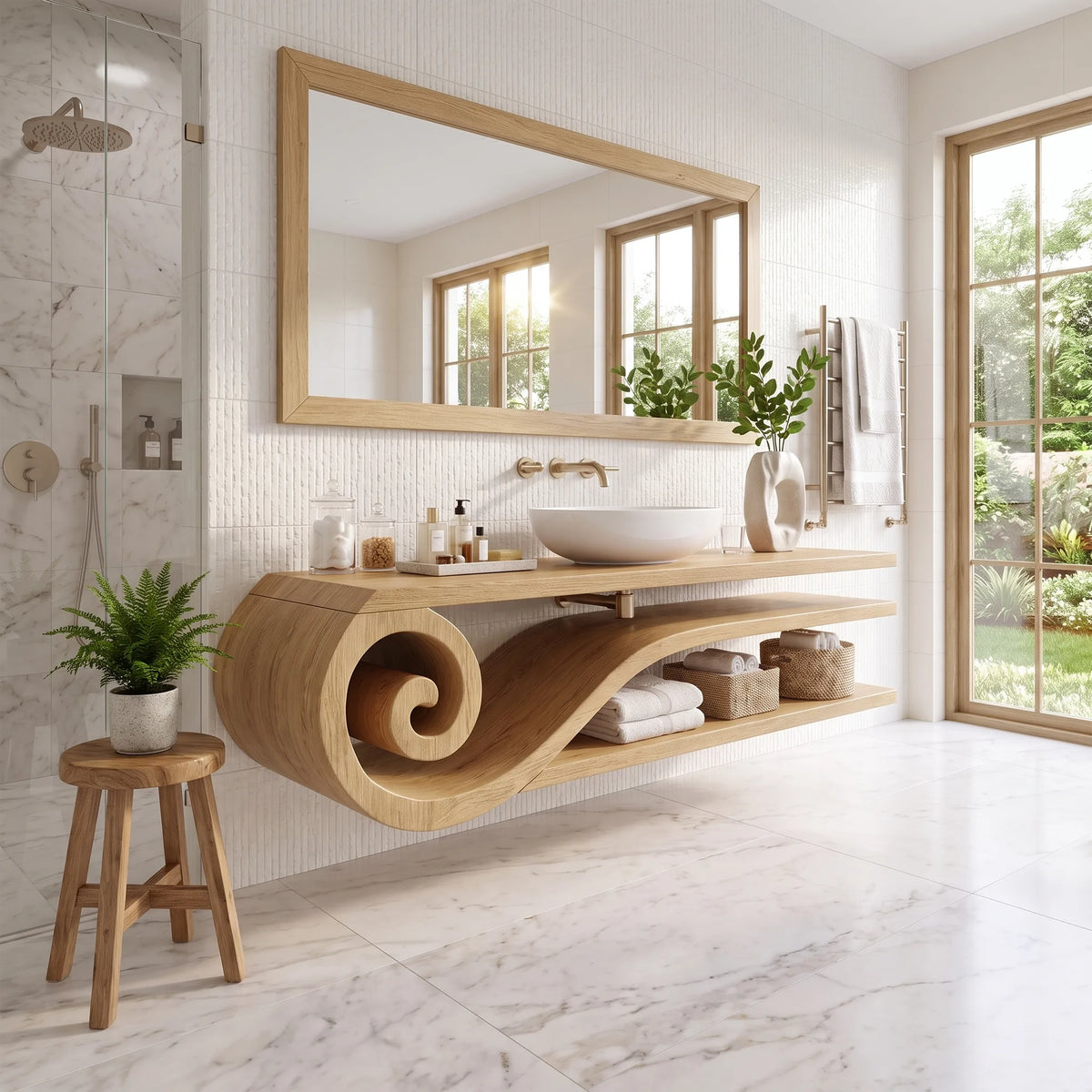 Calm Floating Bathroom Vanity Floating Bathroom Vanity With Sink Modern Bathroom Vanity Curved Open Shelves For Primary 