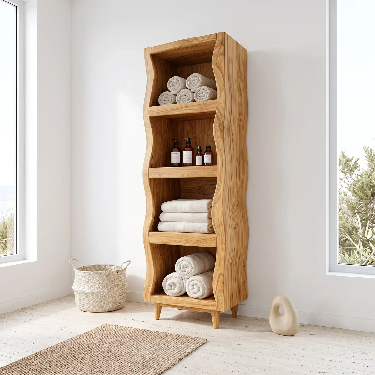 Sculptural Wavy Bathroom Cabinet With Open Shelves For Bathroom