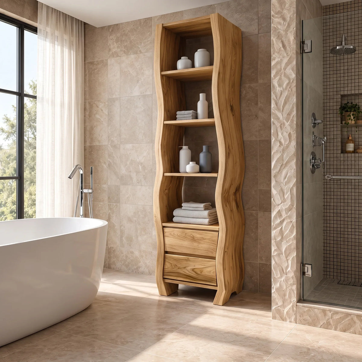 Sculptural Bathroom Cabinet With Open Shelves And Drawers For Bathroom