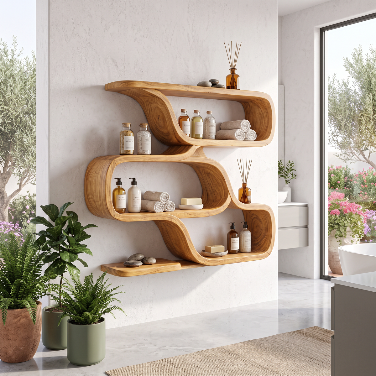 Farmhouse Curved Wood Shelves For Entryway