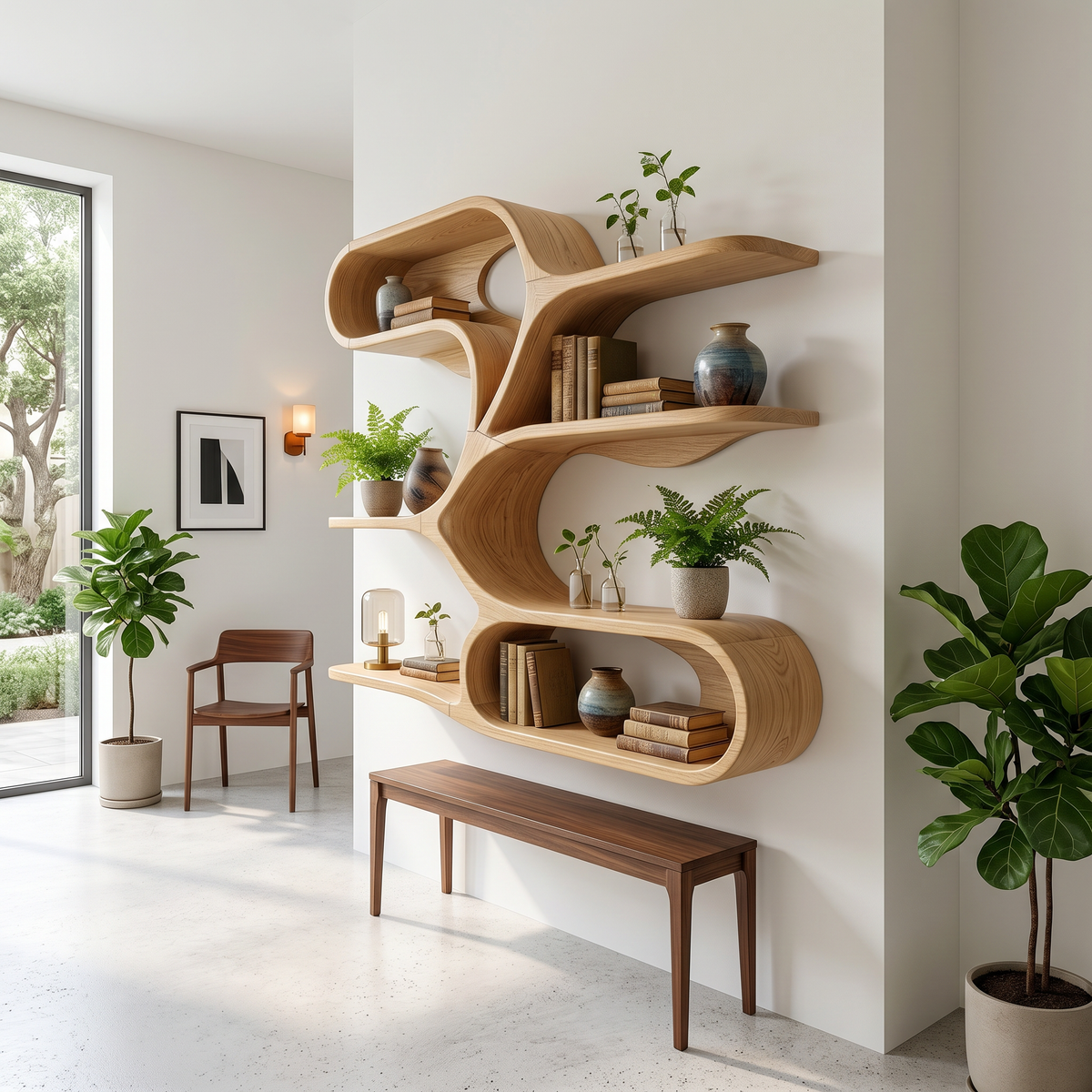 Organic Sculptural Wooden Wall Shelves For Kitchen