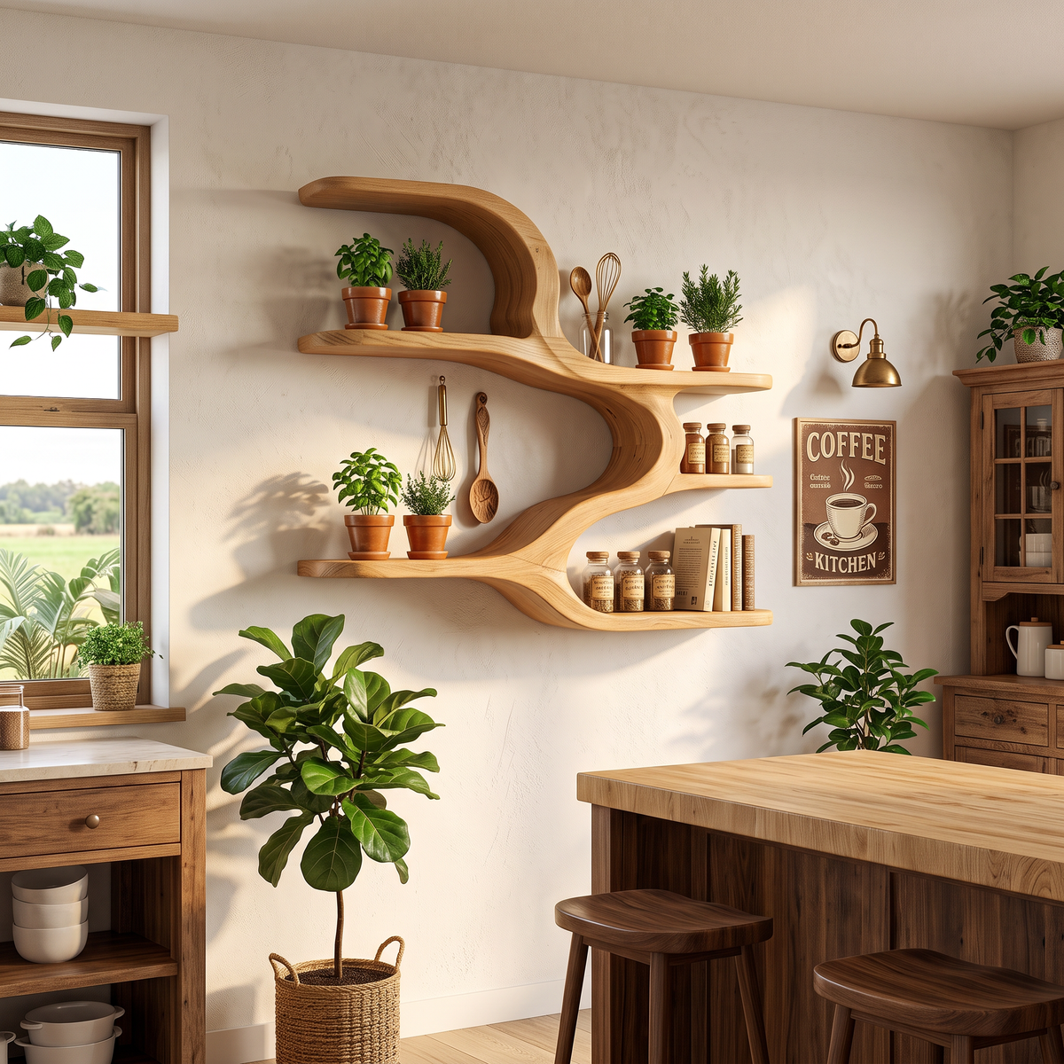 Organic Sculptural Wooden Wall Shelves For Dining Room