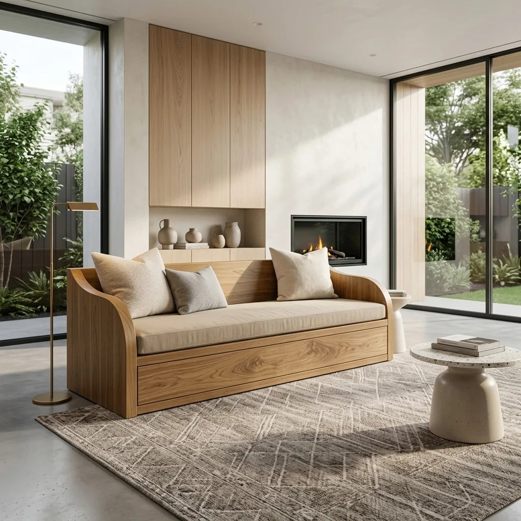 Contemporary Wooden Sofa With Long Drawer For Living Room