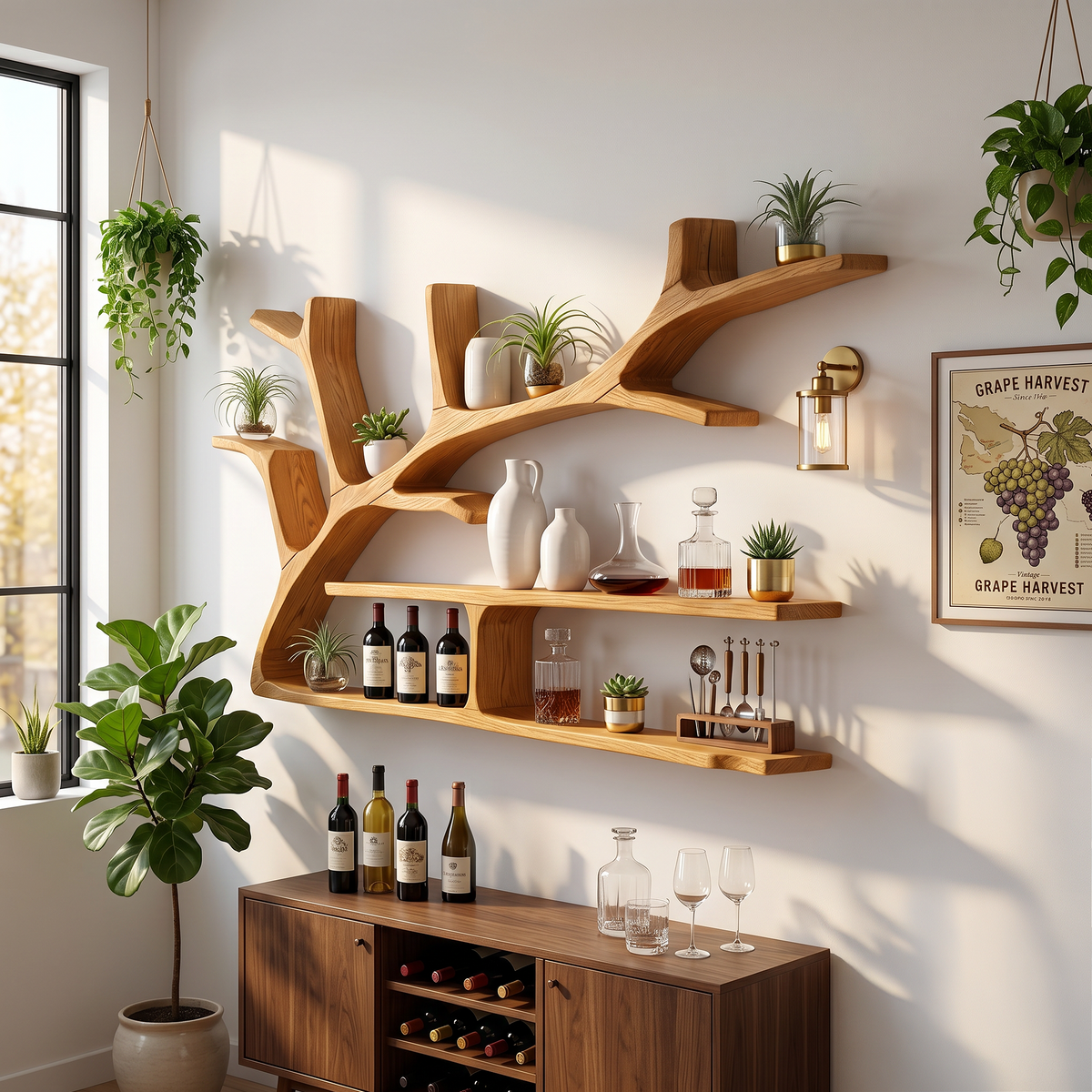 Rustic Tree Branch Floating Shelves For Living Room