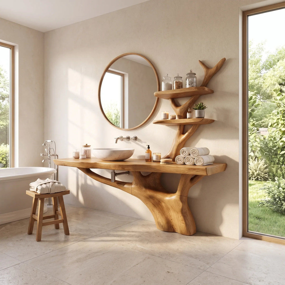 Organic Bathroom Vanity With Sink Wooden Bathroom Vanity Modern Bathroom Vanity Integrated Side Shelves For Primary Bath