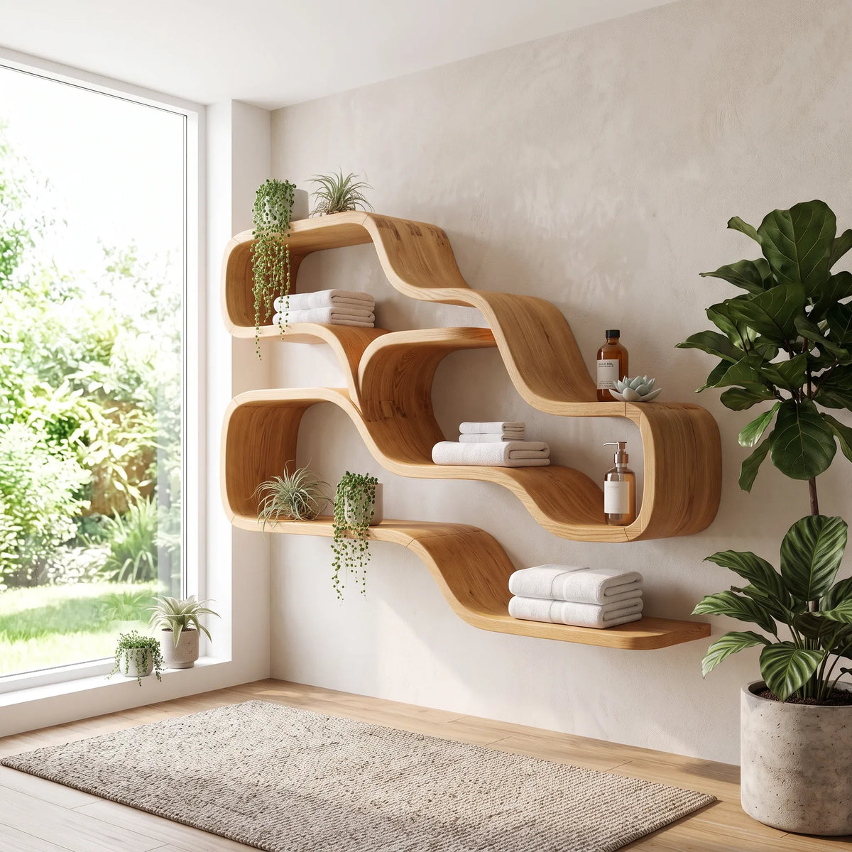 Farmhouse Organic Wood Shelves For Reading Nook