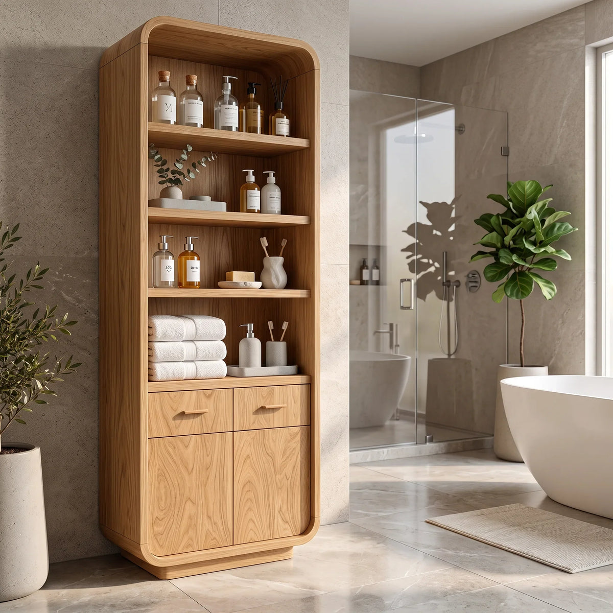 Contemporary Tall Bathroom Cabinet With Open Shelves For Bathroom