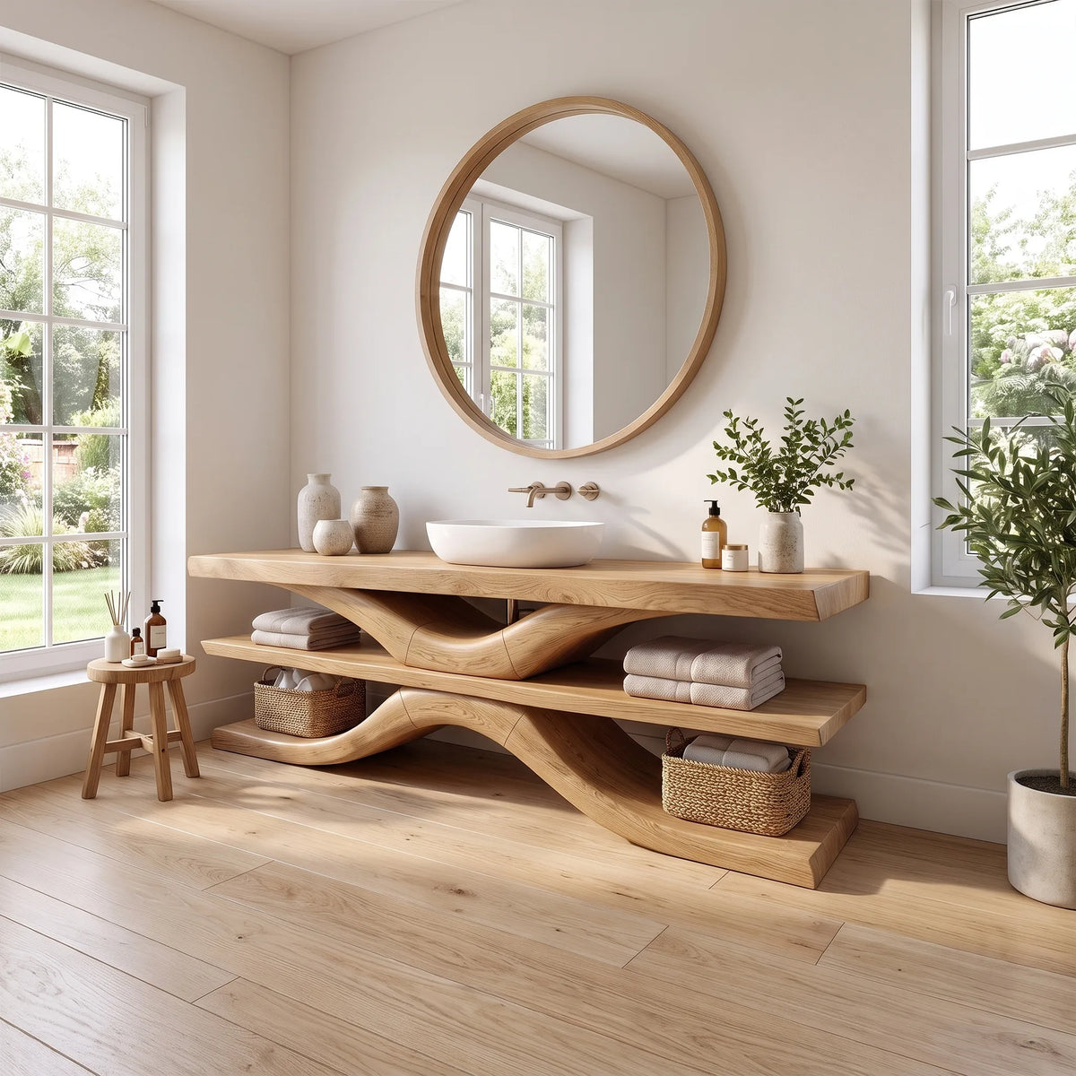Sculptural Bathroom Vanity With Sink Modern Bathroom Vanity Wooden Bathroom Vanity Layered Open Shelves For Spa Bathroom