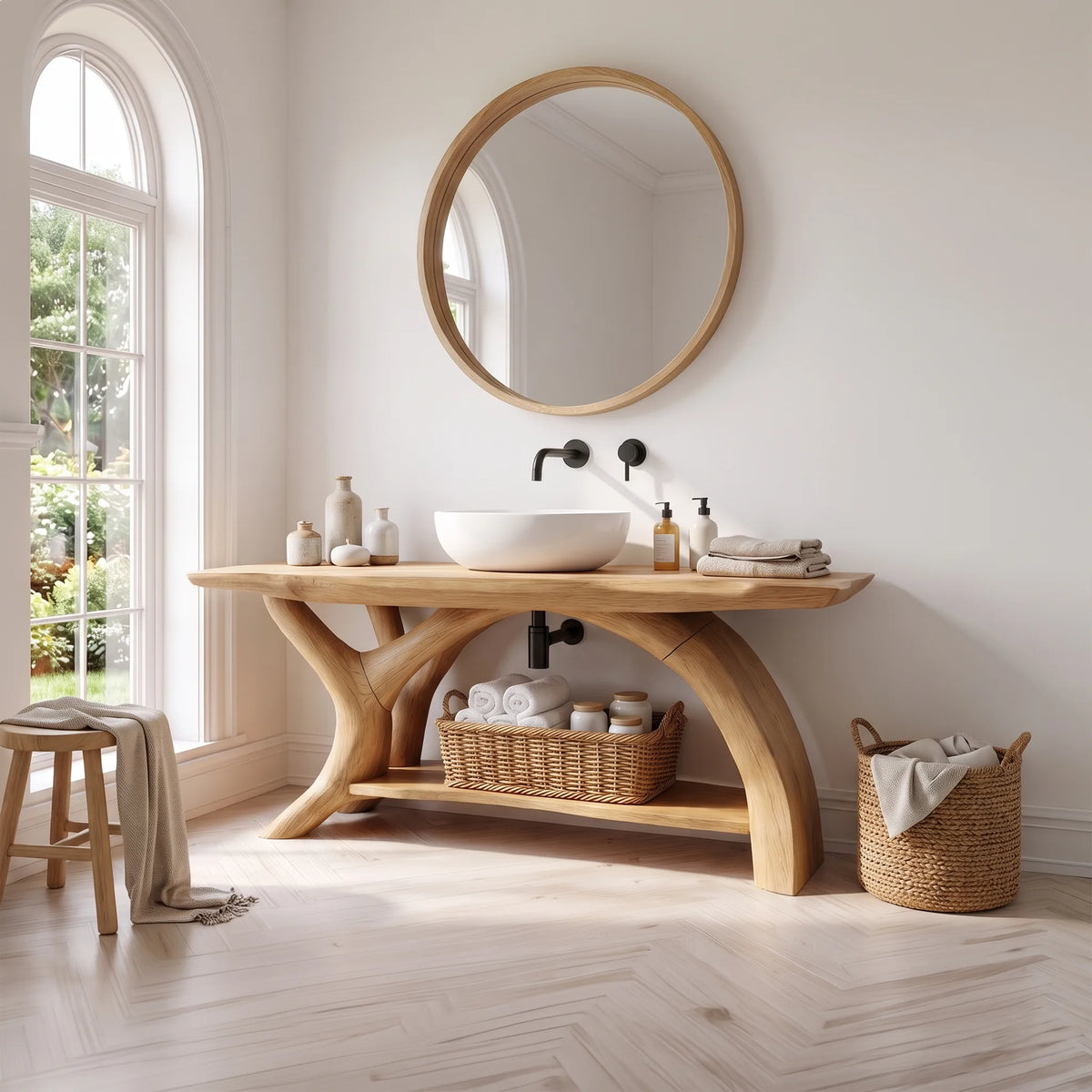 Elegant Solid Wood Bathroom Vanity Single Bathroom Vanity With Sink Open Shelf Design For Luxury Bathroom