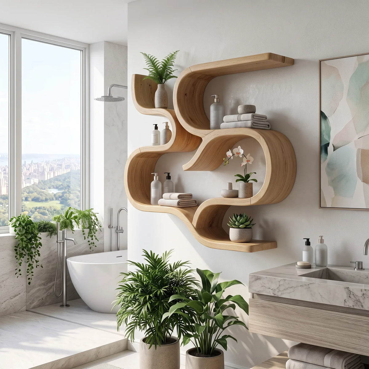 Mid Century Curved Floating Shelves For Powder Room
