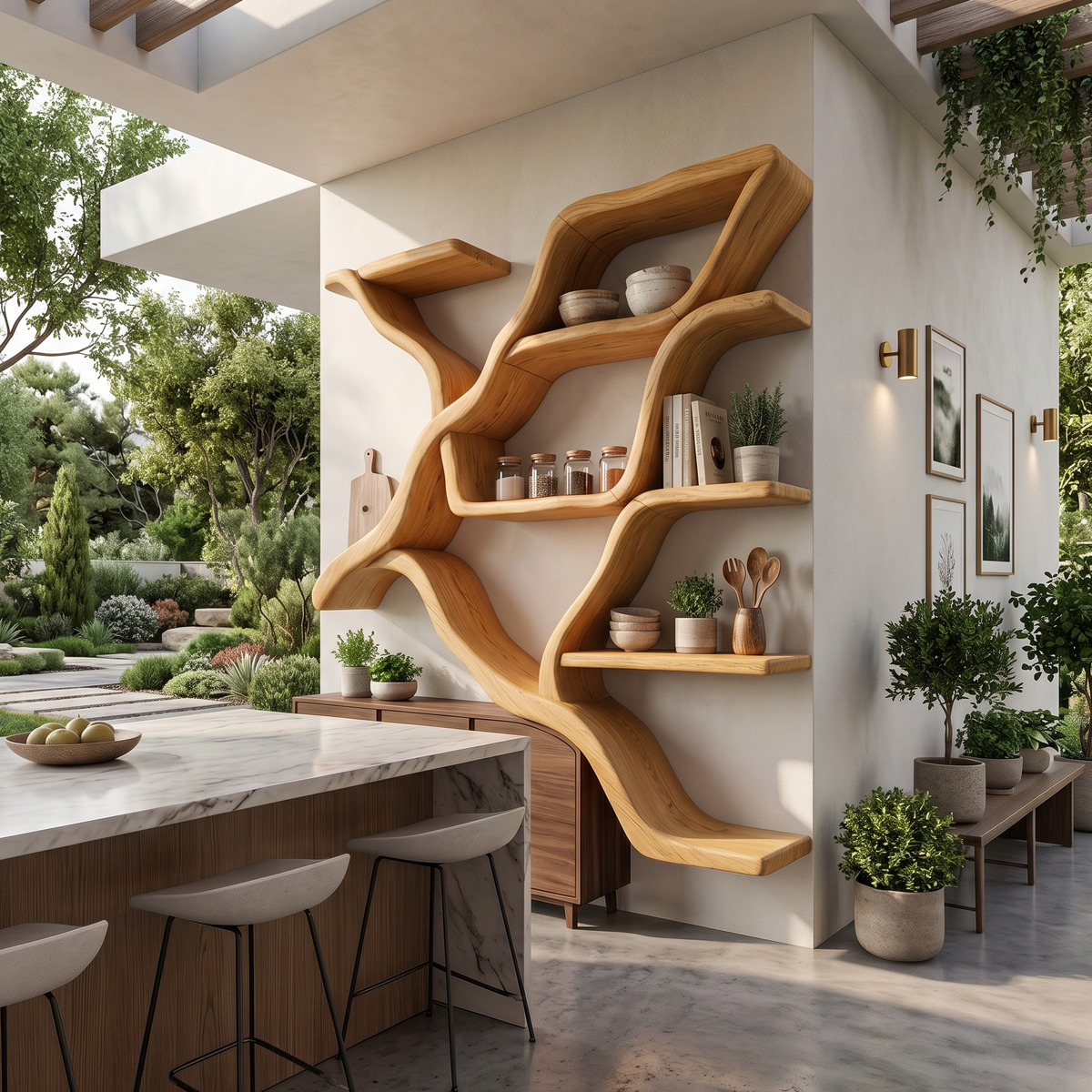 Organic Tree Branch Wall Mounted Shelves For Kitchen