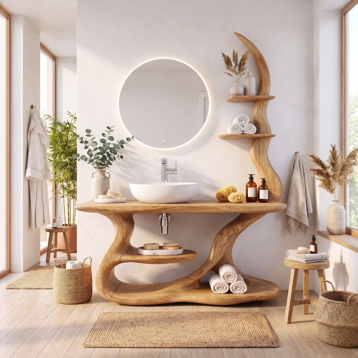 Serene Bathroom Vanity Bathroom Vanity With Sink Modern Bathroom Vanity Curved Open Shelves For Spa Bathroom