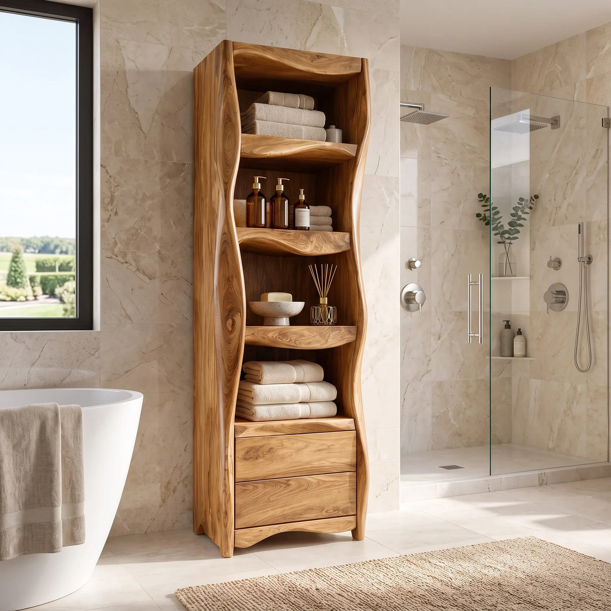 Organic Wavy Bathroom Cabinet With Open Shelves For Bathroom