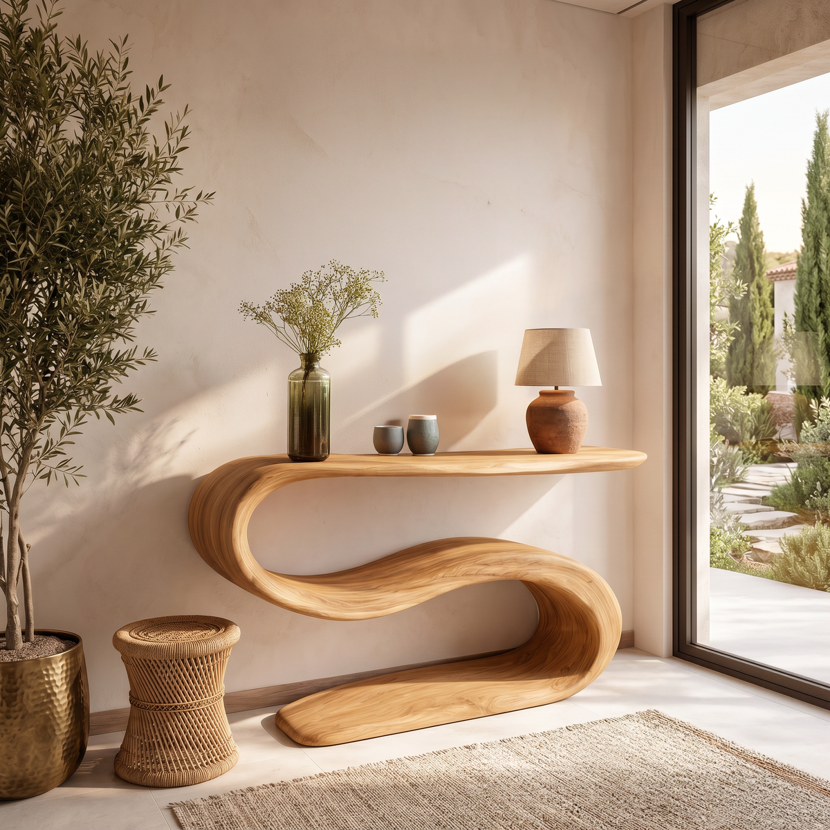 Organic Wooden Console Table With Sculptural Undulating Base For Living