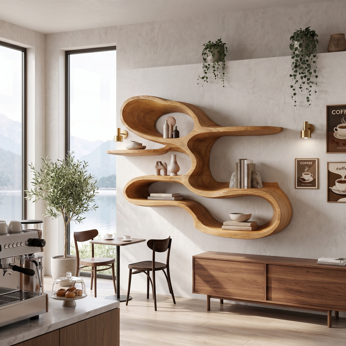 Modern Sculptural Wooden Wall Shelves For Coffee Bar