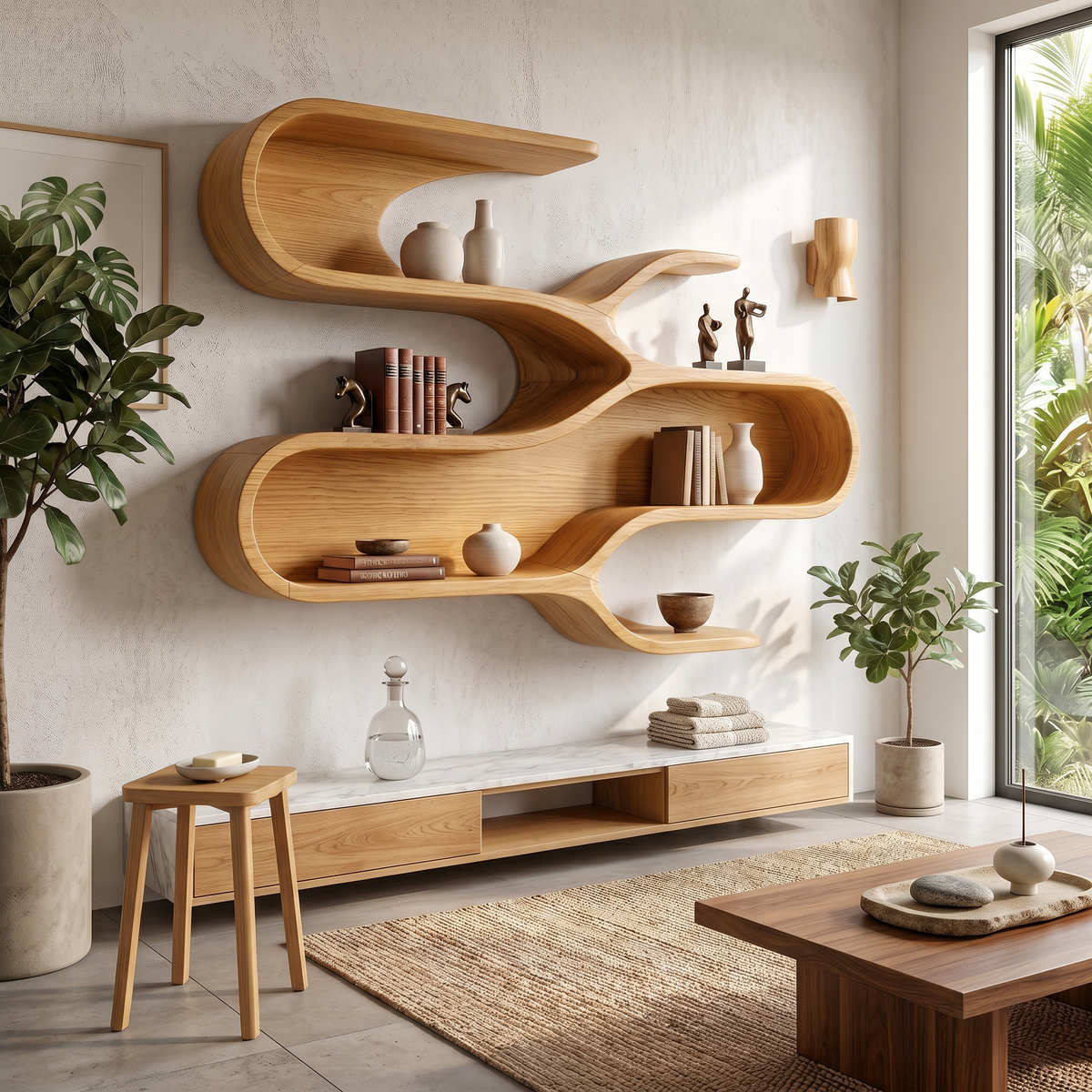 Modern Sculptural Floating Shelves For Living Room