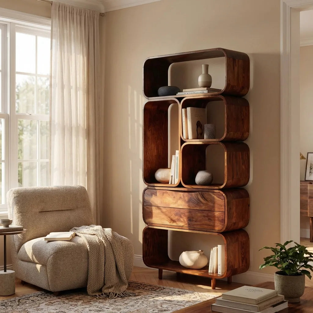 Mid Century Bookshelf With Rounded Compartments For Living Room