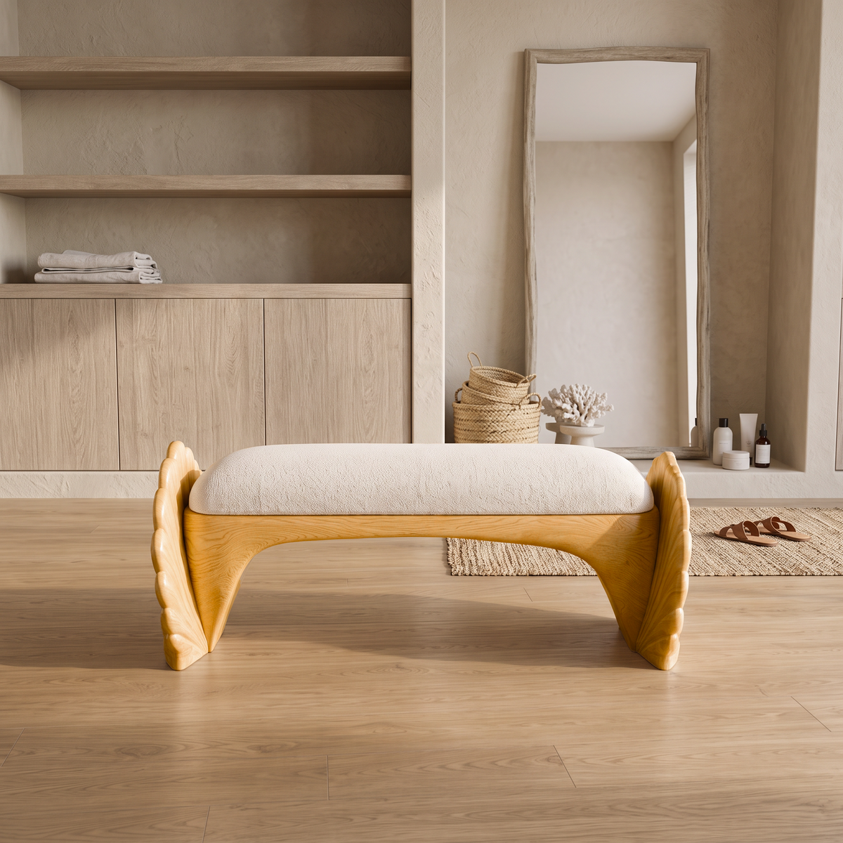 Natural Accent Bench With Seashell Carved Design For Bedroom